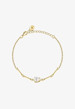 Bracciale color oro con una catena sottile, caratterizzato da una pietra centrale in zirconia cubica trasparente e piccoli accenti rotondi lungo la catena.