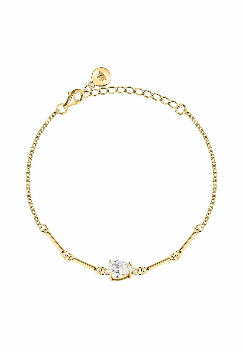 Bracciale color oro con una catena sottile, caratterizzato da una pietra centrale in zirconia cubica trasparente e piccoli accenti rotondi lungo la catena.