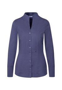 Blouse pour femme bleu marine à manches longues, col mandarin, six boutons sur le devant et coupe cintrée.