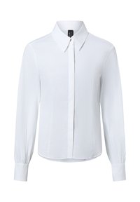 Weißes Langarmhemd mit klassischem Kragen, durchgehend geknöpft und mit geradem Saum. Hergestellt aus glattem Stoff mit leicht zerknitterter Textur.