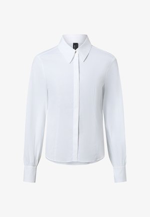White long-sleeve shirt with a classic collar, buttoned front, and a straight hem. Made of smooth fabric with a slightly wrinkled texture.