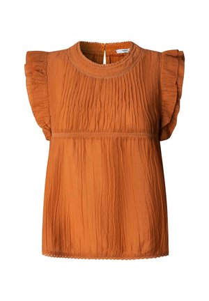 Blouse sans manches orange rouille avec épaules volantées, devant plissé, encolure ronde, et fermeture clé à l'arrière.