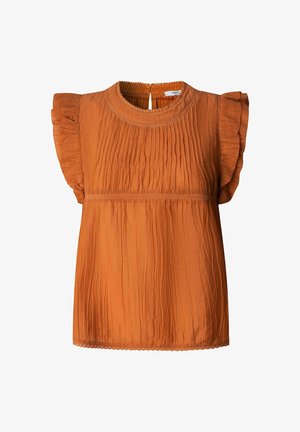 Blouse sans manches orange rouille avec épaules volantées, devant plissé, encolure ronde, et fermeture clé à l'arrière.