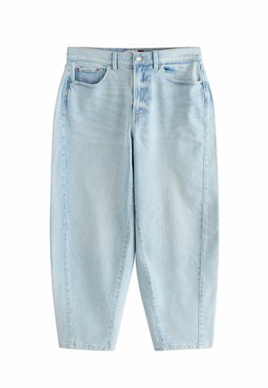Light blue denim jeans with a high waist, front button closure, belt loops, and two front pockets, displayed on a white background.