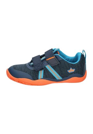 Children's navy blue athletic shoe with orange sole, blue interior, two velcro straps, and decorative blue and orange stitching.