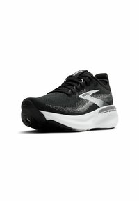 Scarpa da corsa nera con tomaia testurizzata, dotata di una suola bianca, accenti in argento e una intersuola imbottita per supporto e comfort.