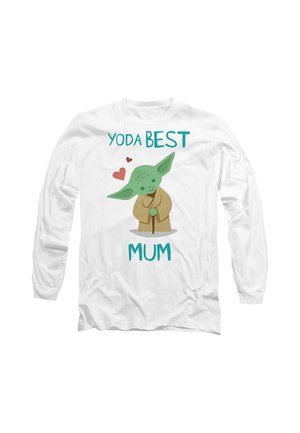 White long-sleeve shirt with a cartoon green Yoda holding a cane and text that reads "Yoda Best Mum" with two small red hearts.