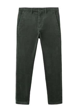 Donkergroene corduroybroek met voorzakken, riemlussen, knoopsluiting en rechte pijpen, getoond op een witte achtergrond.
