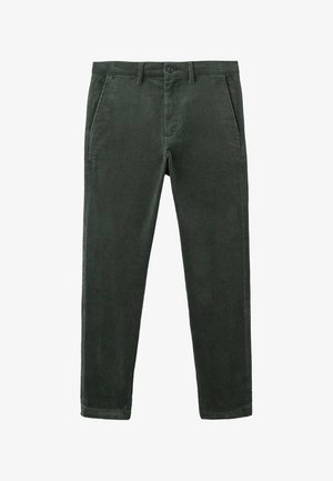 Donkergroene corduroybroek met voorzakken, riemlussen, knoopsluiting en rechte pijpen, getoond op een witte achtergrond.