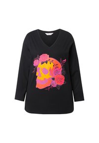 Czarna koszula z długim rękawem i dekoltem w serek, z żywym, wielokolorowym motywem czaszki i róży na przedniej części.