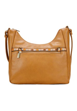 Bolso de hombro de cuero marrón claro con parte superior curvada, costura decorativa de flores, bolsillo frontal con cremallera y correa ajustable.