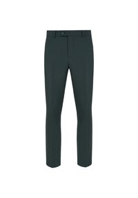 Ciemnozielone spodnie dopasowane, wykonane z lekkiego materiału, z p�łaskim przodem, dwoma kieszeniami i zapięciem na guzik. Slim fit.