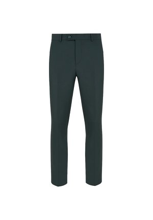 Ciemnozielone spodnie dopasowane, wykonane z lekkiego materiału, z płaskim przodem, dwoma kieszeniami i zapięciem na guzik. Slim fit.
