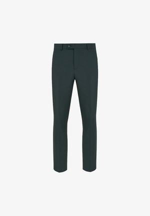 Ciemnozielone spodnie dopasowane, wykonane z lekkiego materiału, z płaskim przodem, dwoma kieszeniami i zapięciem na guzik. Slim fit.
