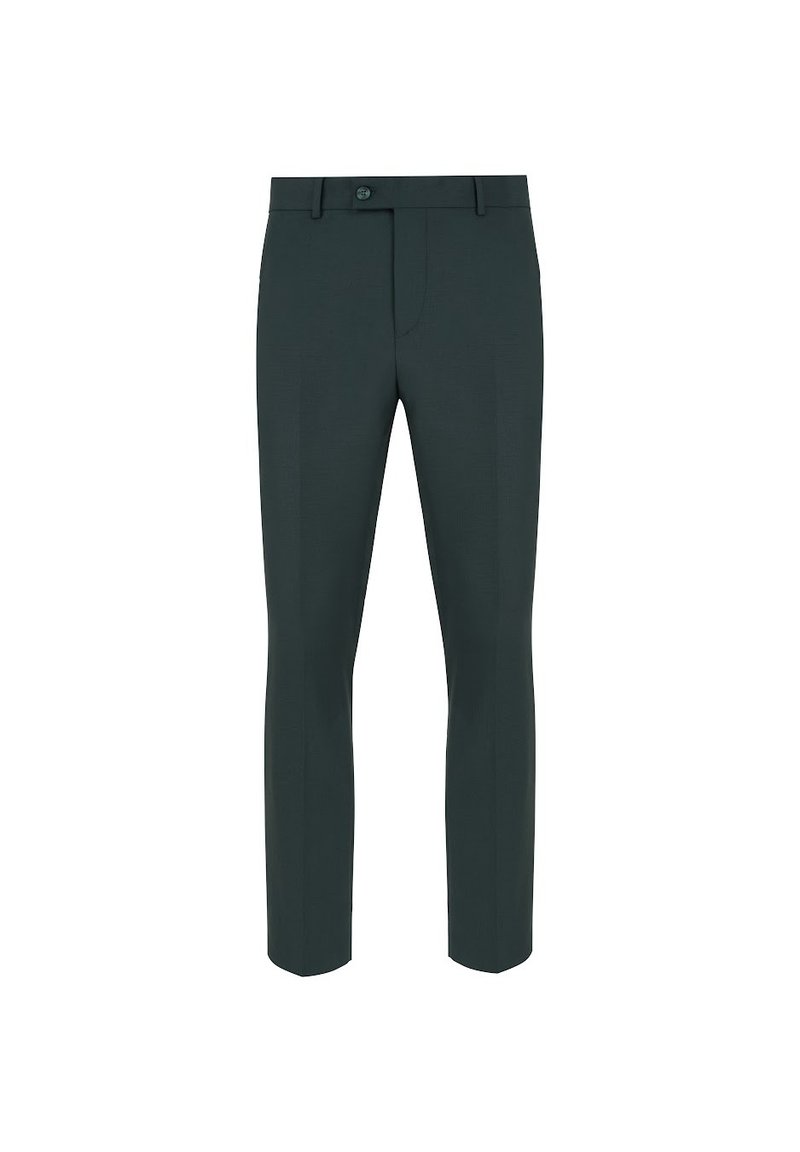 Ciemnozielone spodnie dopasowane, wykonane z lekkiego materiału, z płaskim przodem, dwoma kieszeniami i zapięciem na guzik. Slim fit.