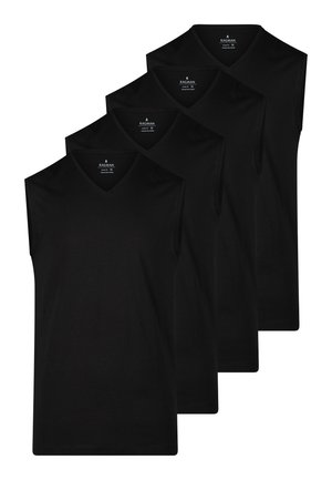 Cztery czarne, bezrękawnikowe podkoszulki z dekoltem w serek ułożone ukośnie, z metkami marki "Ragman" wewnątrz kołnierza.