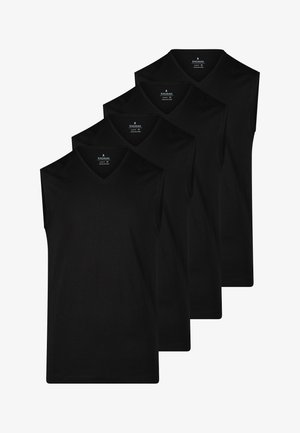 Vier zwarte mouwloze V-halsshirtjes diagonaal gestapeld, met "Ragman" merklabels aan de binnenkant van de hals.