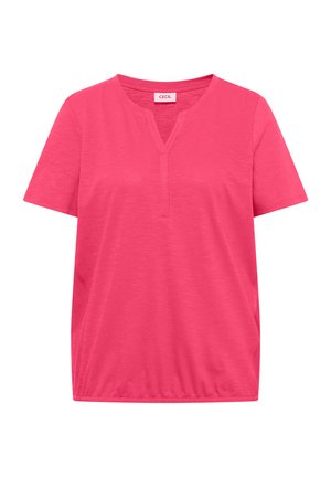 Felroze T-shirt met korte mouwen, V-hals met inkeping en elastische zoom, gemaakt van zachte, licht getextureerde stof.