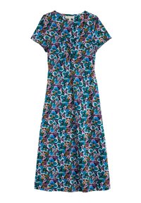 Floral print dress featuring short sleeves, a V-neckline, cinched waist, and a flowing silhouette in teal, purple, and pink hues.