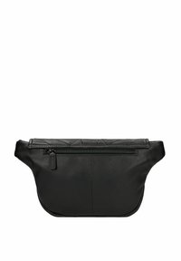 Marsupio nero in pelle con design trapuntato, texture liscia, chiusura con zip e forma arrotondata. Presenta un piccolo tirazip.