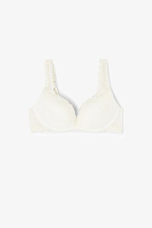 Reggiseno in pizzo bianco con coppe imbottite, bordi smerlati e dettagli floreali in pizzo sulle spalline e sulla fascia.