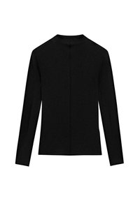 Black long-sleeve top with a high neckline, featuring a central seam at the back, made from a smooth, soft fabric. Plain design, no patterns.