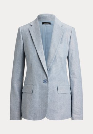 Világoskék, testre szabott blézer szabályos hajtókával, egysoros gombolással, zsebfedőkkel és hosszú ujjakkal, texturált anyagból készült.