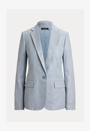 Világoskék, testre szabott blézer szabályos hajtókával, egysoros gombolással, zsebfedőkkel és hosszú ujjakkal, texturált anyagból készült.