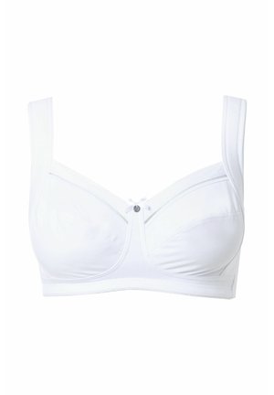 Hvid blød skål-bh med brede stropper, dekorativ sløjfe og knapdetalje i midten, designet til komfort og støtte.