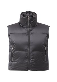 Smanicato imbottito nero con collo alto, chiusura frontale con cerniera completa e due tasche laterali. Tessuto liscio con design trapuntato per l'isolamento.