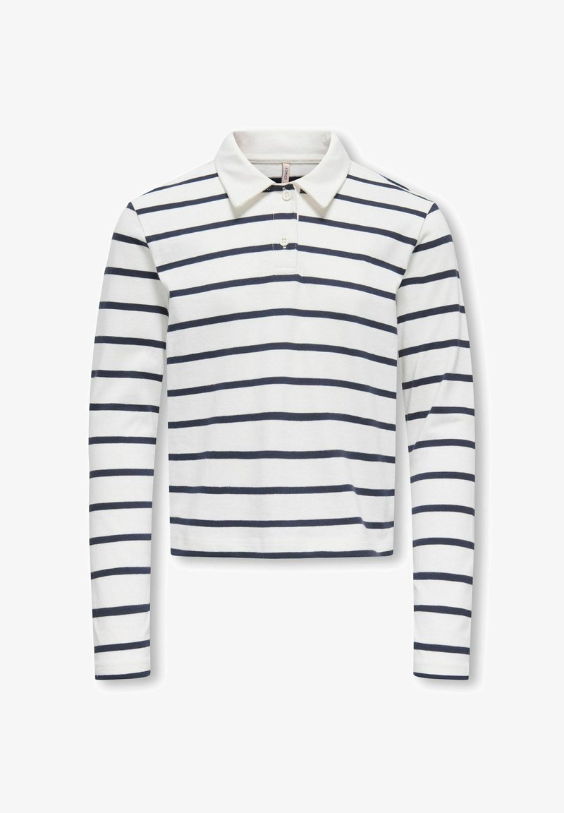 Biała bawełniana koszulka polo z długim rękawem w poziome granatowe paski, wyposażona w klasyczny kołnierzyk i zapięcie na trzy guziki.