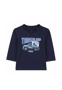 Granatowa koszula z długim rękawem z grafiką vintage ciężarówki i napisem "TIMBERLAND" w niebieskim i zielonym kolorze. Wykonana z miękkiego bawełnianego materiału z zapięciem na zatrzaski.