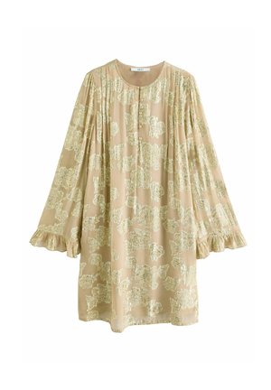 Robe beige à manches longues avec motif floral doré, col rond, devant boutonné et poignets volantés.