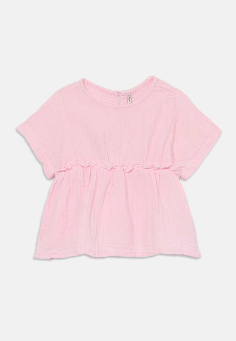 Top rosa a maniche corte realizzato in tessuto morbido e leggero. Presenta una vita arricciata e una chiusura con bottone sul retro.