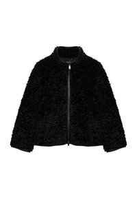 Giacca nera in pile con zip, colletto alto e maniche lunghe, materiale in pile testurizzato, senza motivi o logo visibili.