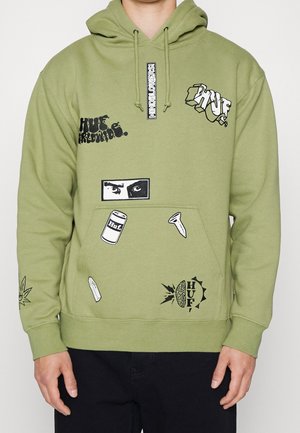 Bluza z kapturem w kolorze oliwkowym z czarno-białymi nadrukami graficznymi, w tym oczami, puszką napoju gazowanego, śrubą, mózgiem i tekstem "HUF" oraz "MIND BLOWERS!"