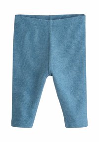 Blauwe geribde leggings met een zachte textuur, voorzien van een hoge elastische tailleband en een knielange snit, ontworpen voor comfort en flexibiliteit.