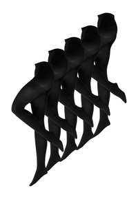 Pantimedias opacas negras exhibidas en una disposición escalonada, con textura suave, diseño sin costuras y ajuste ceñido alrededor de las piernas.