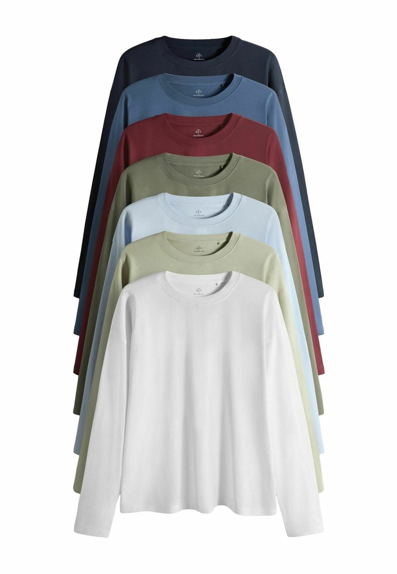 Langærmede t-shirts i otte farver: marineblå, mørkeblå, bordeaux, olivengrøn, lyseblå, mintgrøn og hvid. Fremstillet i bomuld med rund hals.