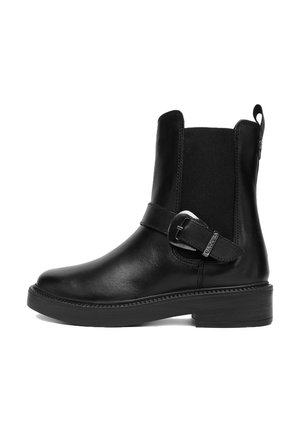 Black leather ankle boot with low heel, elastic side panel, decorative strap, and metal buckle on white background.