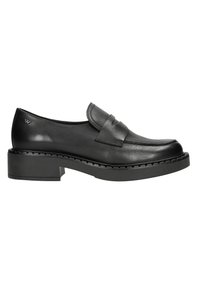 Moccasini neri in pelle con un design cucito e un pannello anteriore rialzato. Suola in gomma nera spessa e strutturata con un leggero tacco e bordo zigzag.