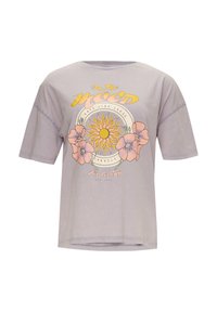 T-shirt gris surdimensionné avec un graphique de soleil entouré de fleurs jaunes et roses, à manches courtes et décolleté décontracté.