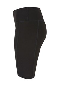 Leggings deportivos negros con una cinturilla alta. Presentan una textura suave y elástica y costuras contrastantes a lo largo de los lados.