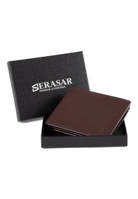 Brown leather wallet with a smooth texture, displaying a subtle logo and stitching detail, placed in a black presentation box.