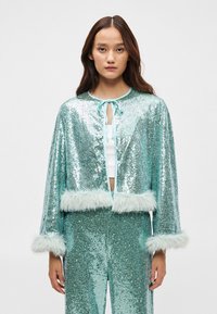 Casaco cropped verde menta coberto de lantejoulas, com acabamento em pelúcia nas mangas e na barra, com fecho frontal em laço e textura suave.