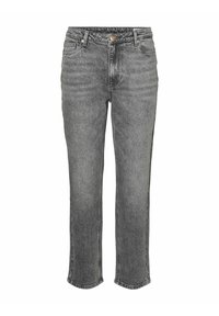 Jeans de mezclilla gris con un diseño de pierna recta, que cuentan con cinco bolsillos, un cierre de botón y un patrón de desgaste sutil.