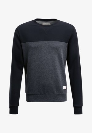 Marineblauwe en donkergrijze sweatshirt met een ronde hals, lange mouwen en geribde boorden. Beschikt over een subtiele textuur en een klein logo-opdruk.