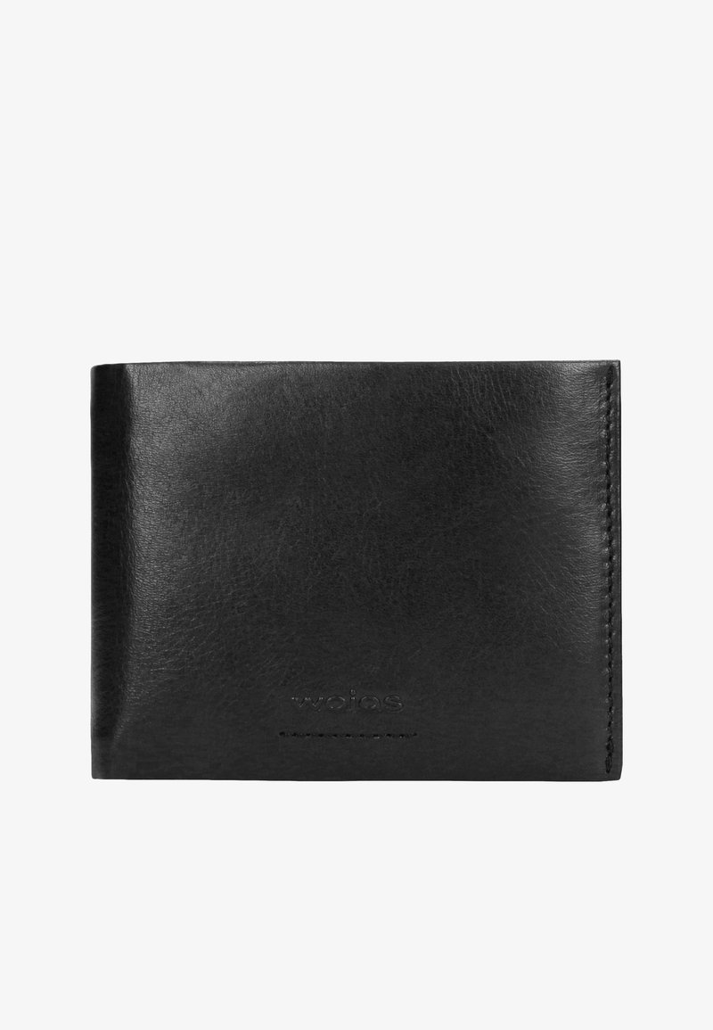 Czarny skórzany portfel, w formie składanej z gładką teksturą, subtelnym przeszyciem i wytłoczonym logo na froncie. Kompaktowy i praktyczny kształt.