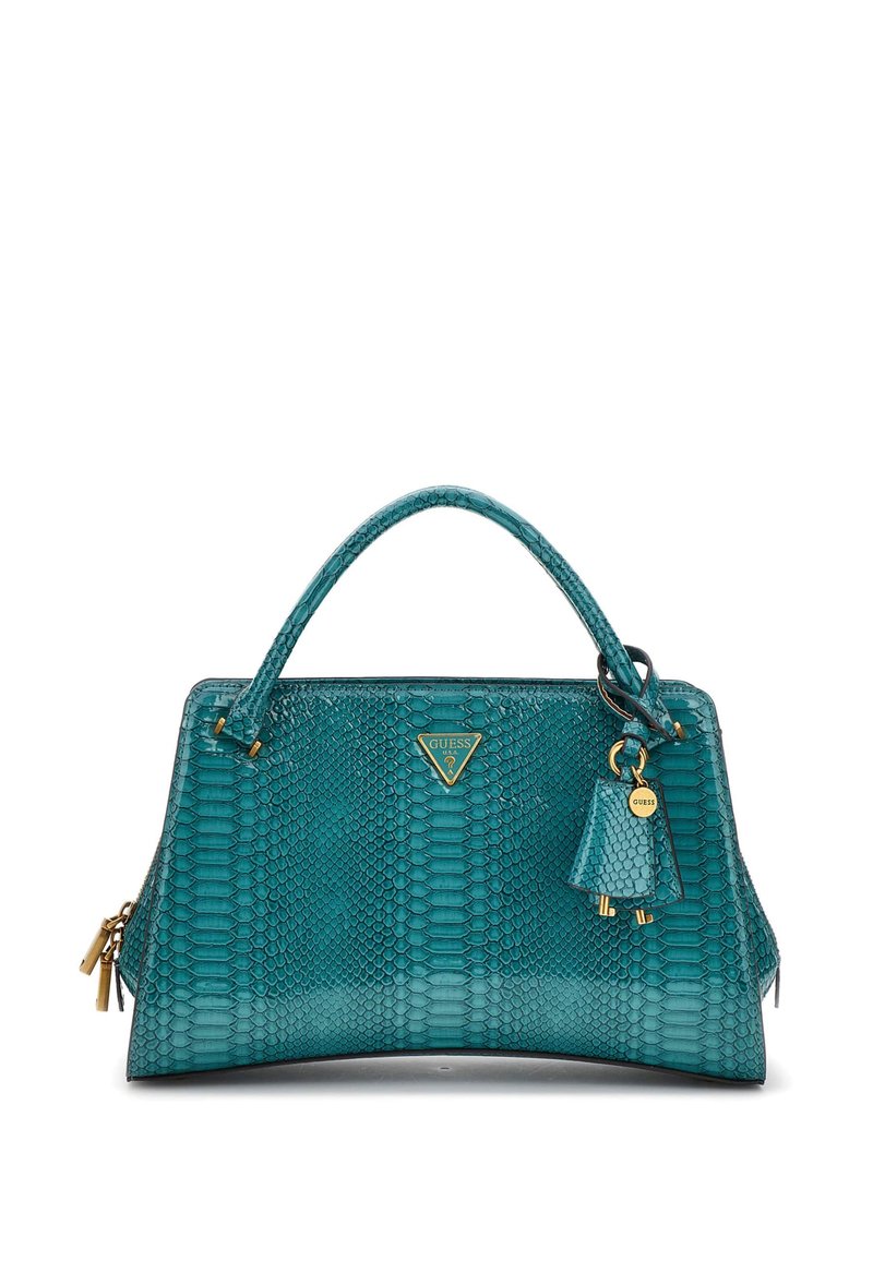 Borsa sintetica color teal con un motivo testurizzato a rettile. Caratterizzata da una maniglia superiore, accessori in oro e un'accoppiatura di nappina rimovibile.