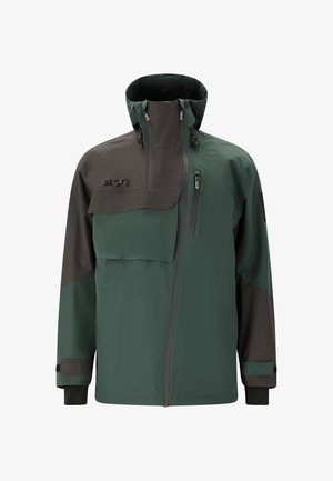 Groene en donkergrijze waterdichte jas met een hoge kraag, voorkleur met rits en een grote borstzak. Voorzien van elastische manchetten en een verstelbare capuchon.